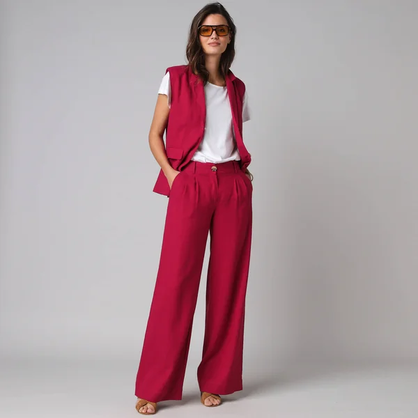 Pantalon large à pinces uni, en viscose-lin, framboise