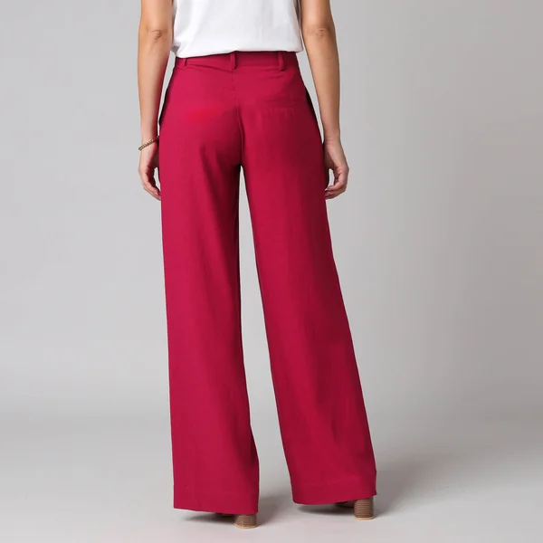 Pantalon large à pinces uni, en viscose-lin, framboise