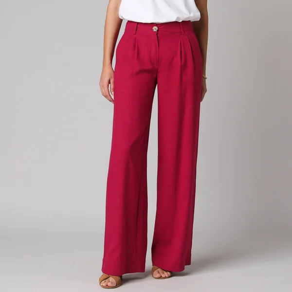 Pantalon large à pinces uni, en viscose-lin, framboise