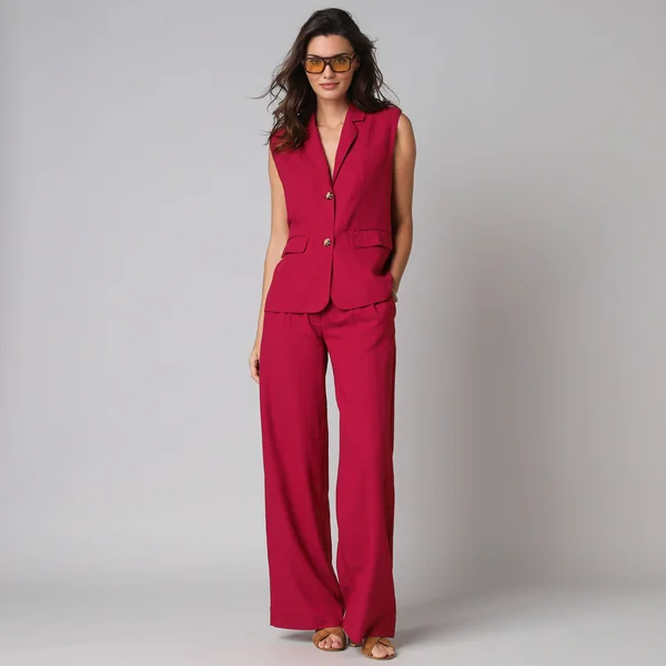 Pantalon large à pinces uni, en viscose-lin, framboise