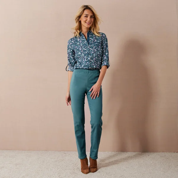 Pantalon sculptant, ceinture ventre plat, bleu canard