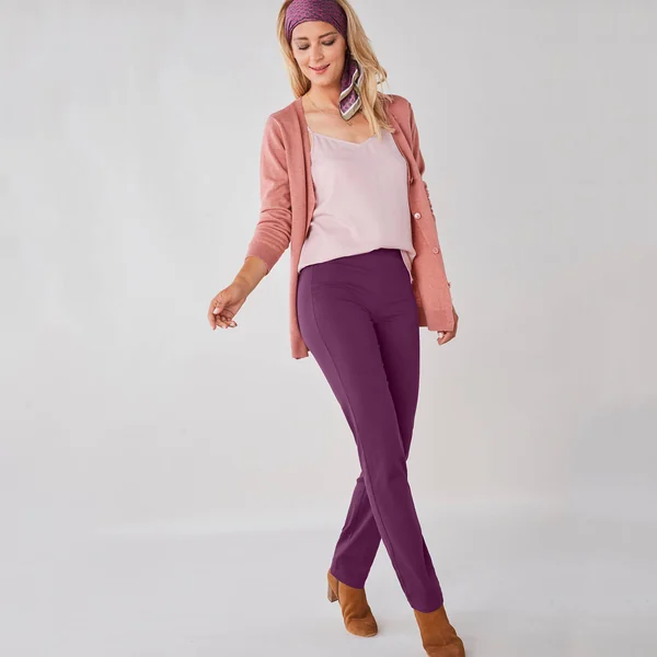 Pantalon sculptant, ceinture ventre plat, prune