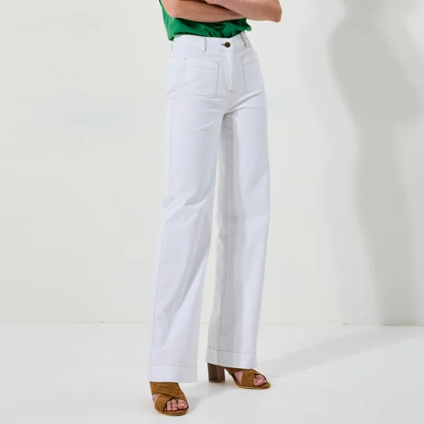 Pantalon twill coupe large taille haute, petite stature, blanc