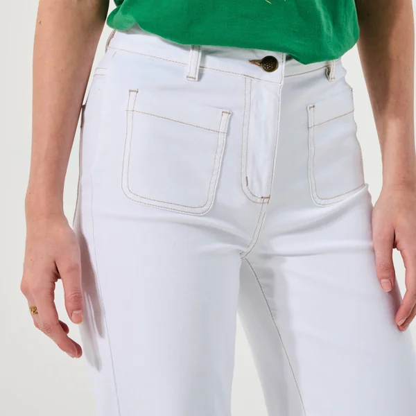 Pantalon twill coupe large taille haute, petite stature, blanc
