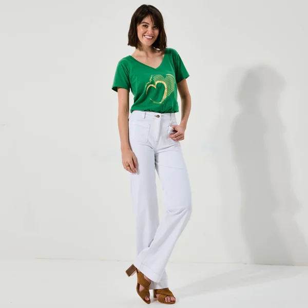 Pantalon twill coupe large taille haute, petite stature, blanc