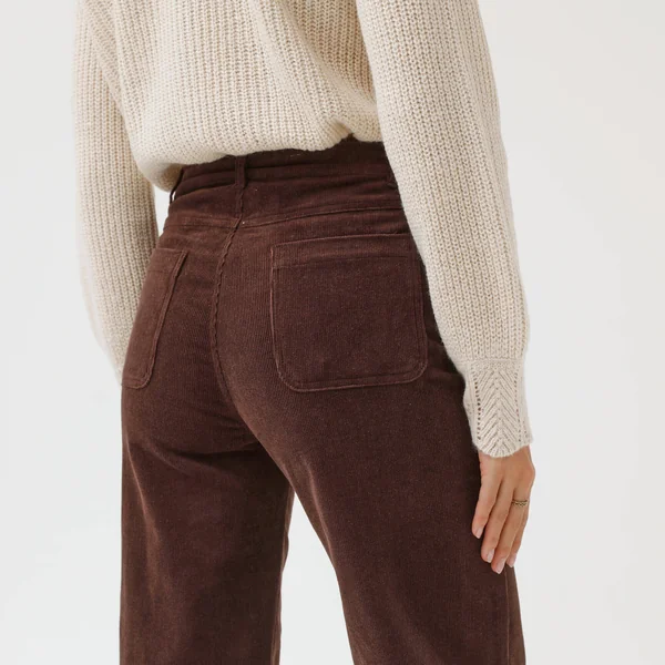 Pantalon velours coupe large taille haute, petite stature, chocolat