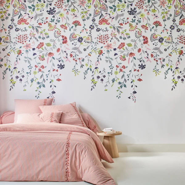 Papier peint panoramique Folk fleuri, blanc
