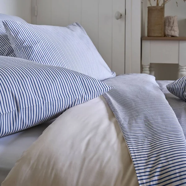 Parure de lit percale Aulne - Rayures Bleu Nautique - 240 x 220 cm