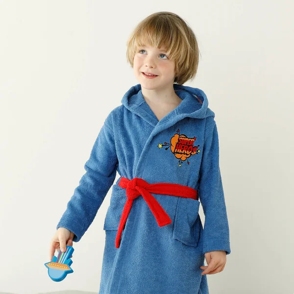 Peignoir de bain enfant super-héros à capuche éponge coton - 340g/m², bleu dur