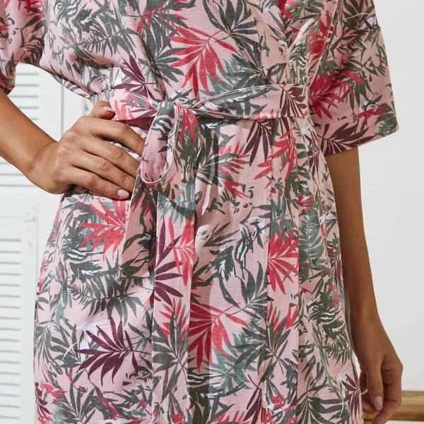 Peignoir kimono imprimé - coton modal, rose / kaki