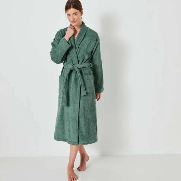 Peignoir mixte adulte col châle éponge bouclette, eucalyptus