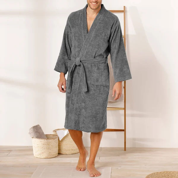 Peignoir mixte adulte col kimono éponge bouclette , anthracite