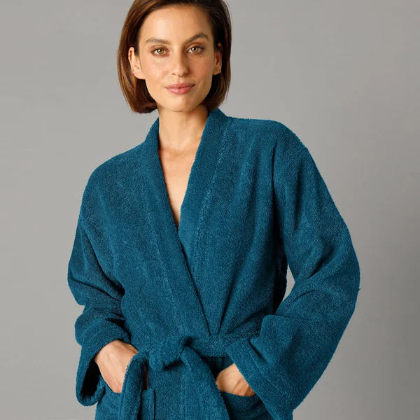 Peignoir mixte adulte col kimono éponge bouclette , bleu paon