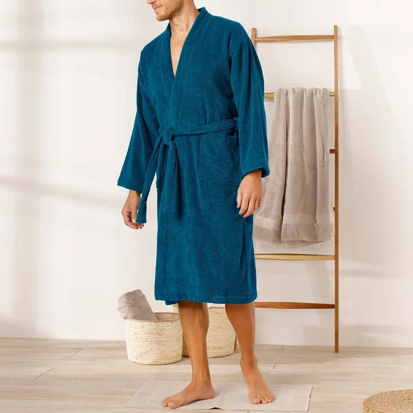 Peignoir mixte adulte col kimono éponge bouclette , bleu paon