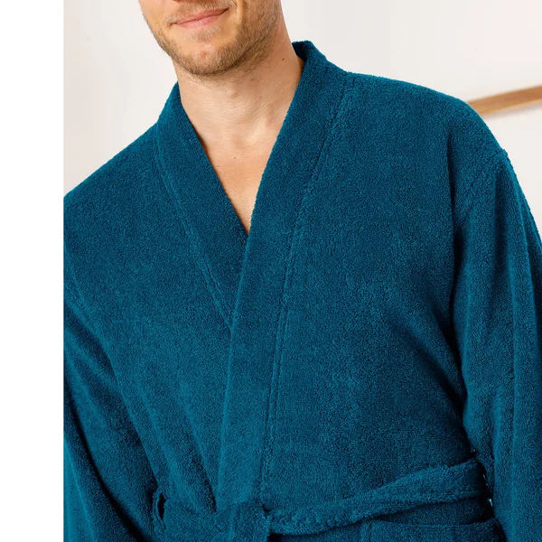 Peignoir mixte adulte col kimono éponge bouclette , bleu paon