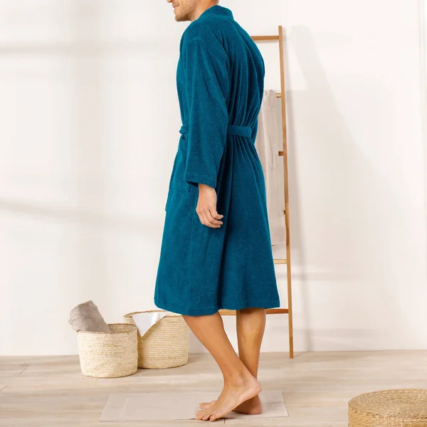 Peignoir mixte adulte col kimono éponge bouclette , bleu paon
