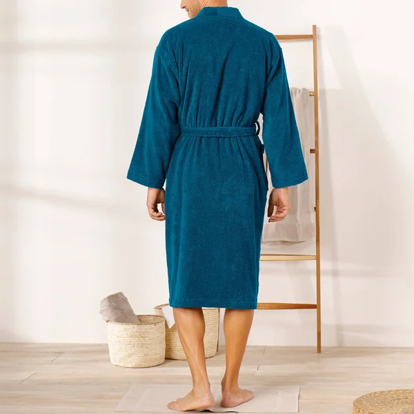 Peignoir mixte adulte col kimono éponge bouclette , bleu paon