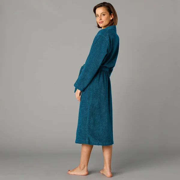 Peignoir mixte adulte col kimono éponge bouclette , bleu paon