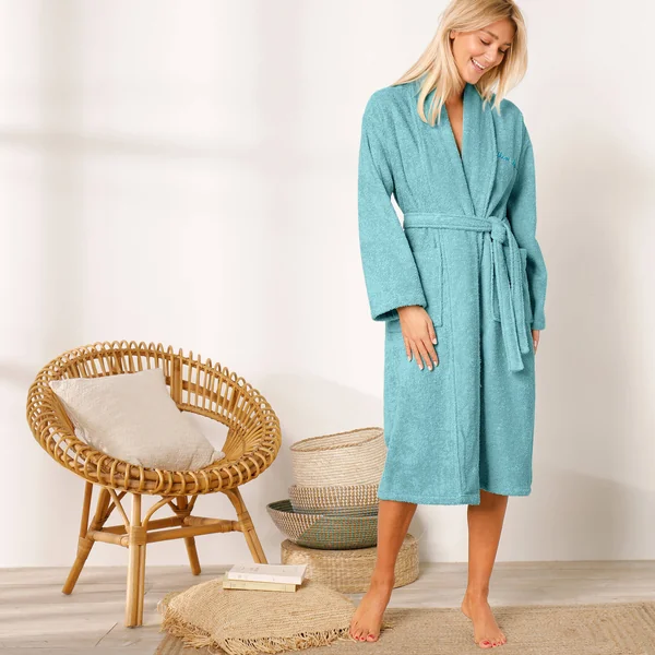 Peignoir mixte adulte éponge bouclette col châle personnalisable, vert d'eau
