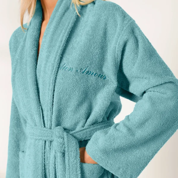 Peignoir mixte adulte éponge bouclette col châle personnalisable, vert d'eau