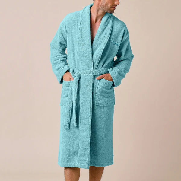 Peignoir mixte adulte éponge bouclette col châle personnalisable, vert d'eau