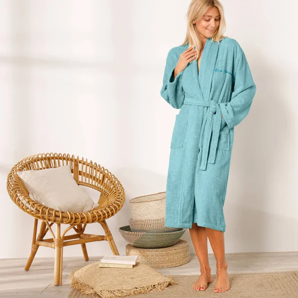 Peignoir mixte adulte éponge bouclette col châle personnalisable, vert d'eau