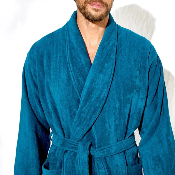 Peignoir mixte adulte éponge velours col châle, bleu paon