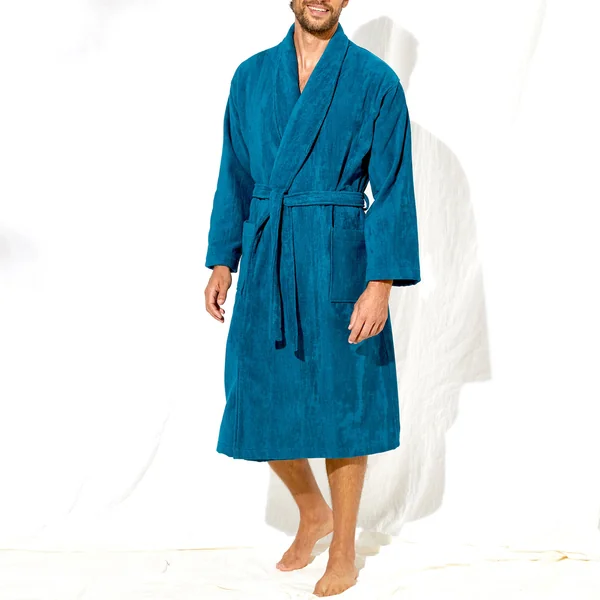 Peignoir mixte adulte éponge velours col châle, bleu paon