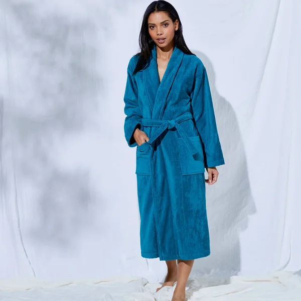 Peignoir mixte adulte éponge velours col châle, bleu paon