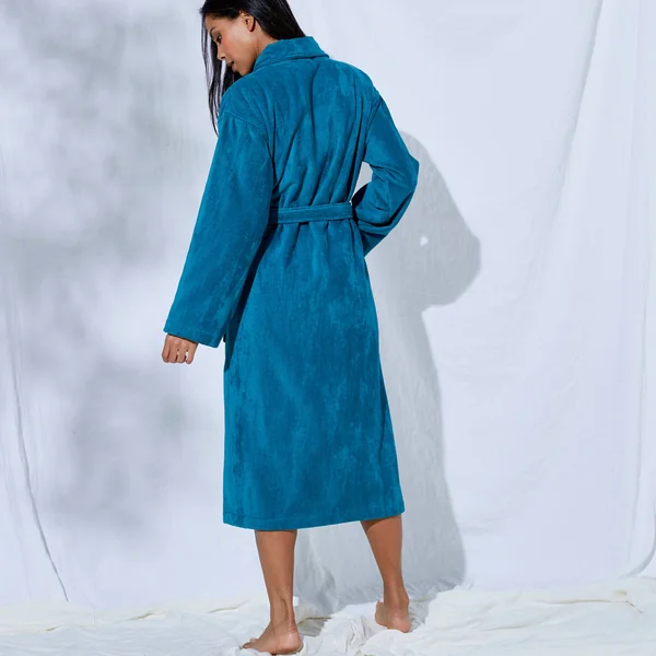 Peignoir mixte adulte éponge velours col châle, bleu paon
