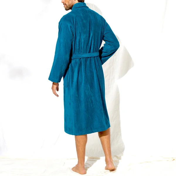 Peignoir mixte adulte éponge velours col châle, bleu paon