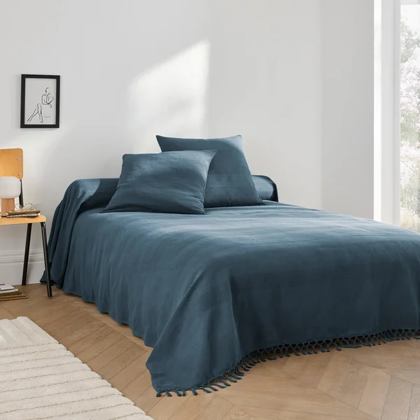 Plaid ou jeté uni coton tissage artisanal, bleu marine