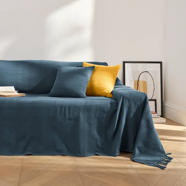 Plaid ou jeté uni coton tissage artisanal, bleu marine