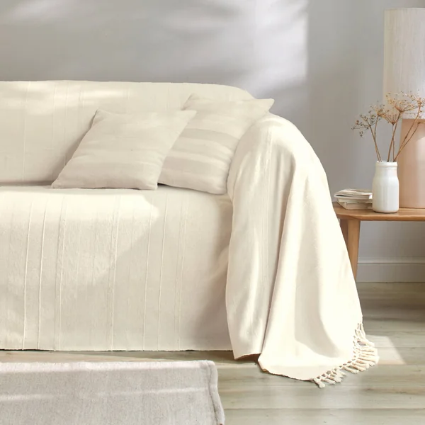 Plaid ou jeté uni coton tissage artisanal, écru