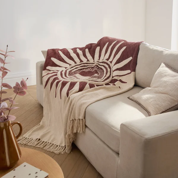 Plaid texturé motif soleil, bordeaux / écru