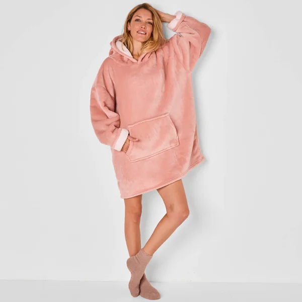 Plaid-sweat polaire à capuche doublé sherpa, rose