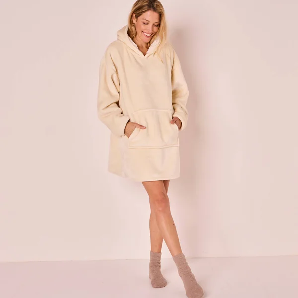Plaid-sweat polaire à capuche doublé sherpa, écru