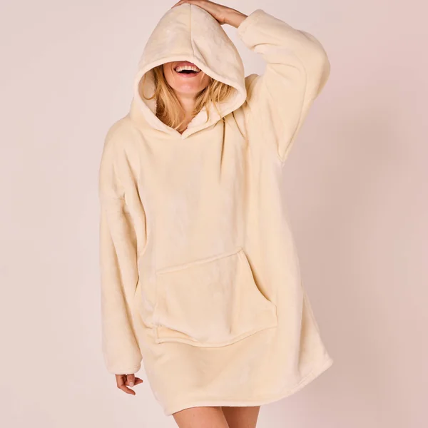 Plaid-sweat polaire à capuche doublé sherpa, écru