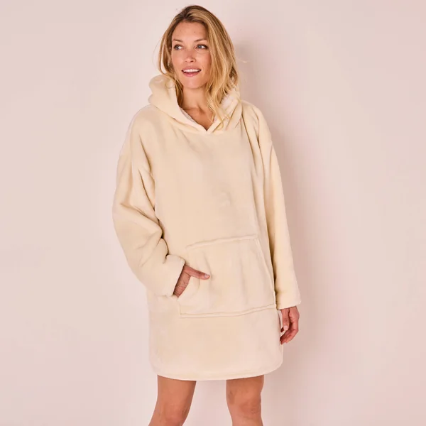 Plaid-sweat polaire à capuche doublé sherpa, écru