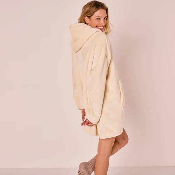 Plaid-sweat polaire à capuche doublé sherpa, écru