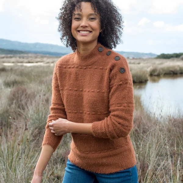 Pull col montant, maille poilue fantaisie, caramel