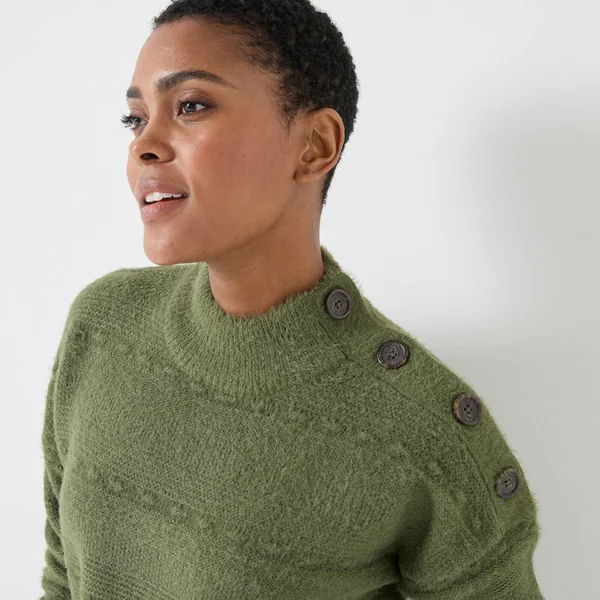 Pull col montant, maille poilue fantaisie, vert tilleul