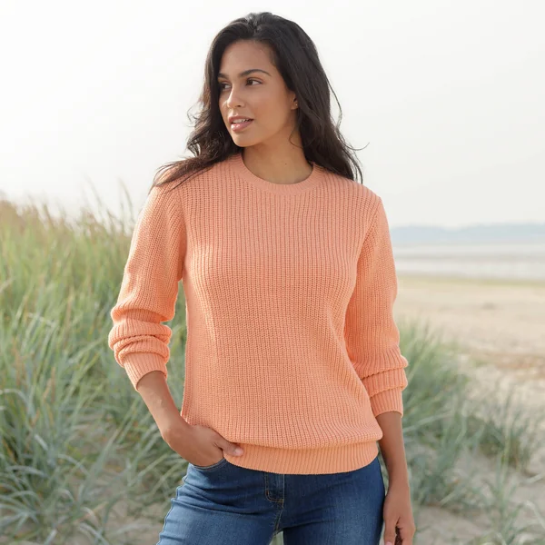 Pull col rond maille anglaise, pêche
