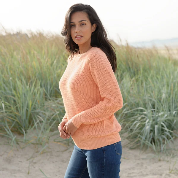 Pull col rond maille anglaise, pêche