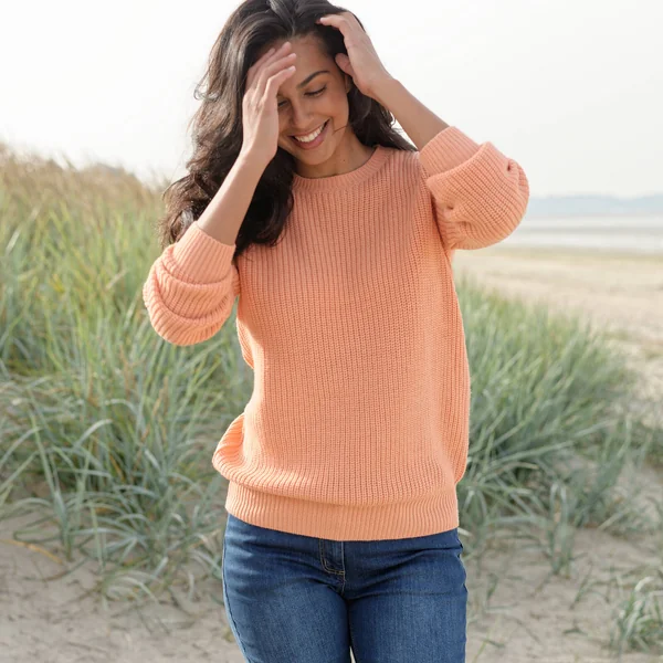 Pull col rond maille anglaise, pêche