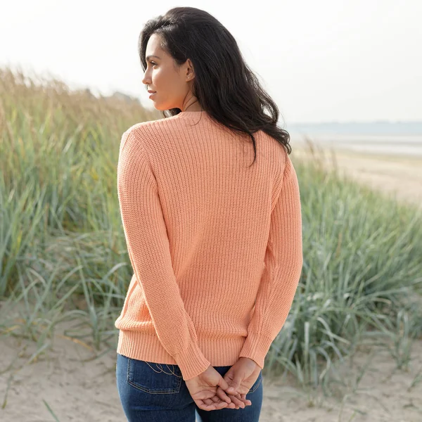 Pull col rond maille anglaise, pêche