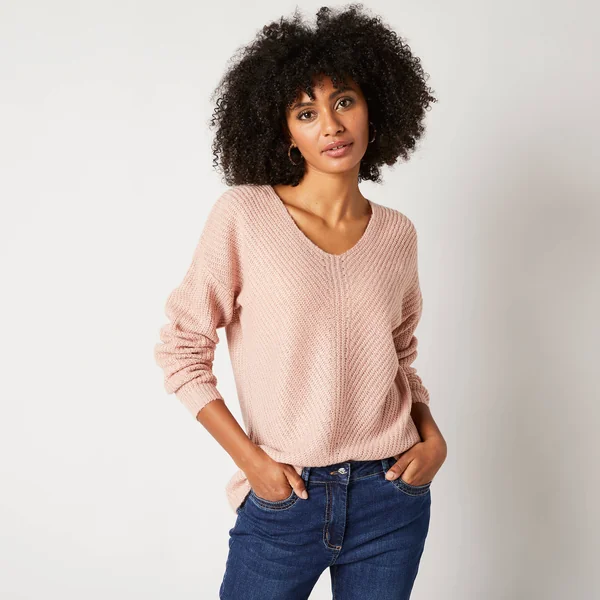 Pull col V, maille anglaise toucher doux, rose poudré