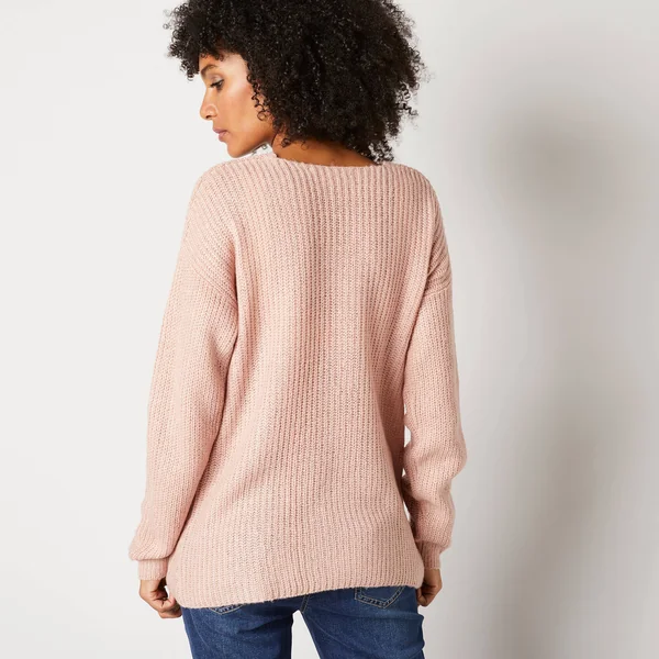 Pull col V, maille anglaise toucher doux, rose poudré