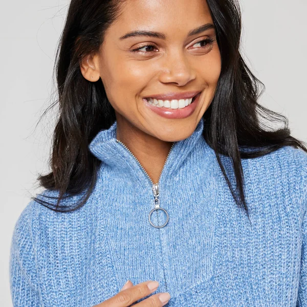 Pull col zippé, maille anglaise, bleu chiné