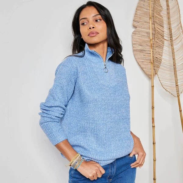 Pull col zippé, maille anglaise, bleu chiné